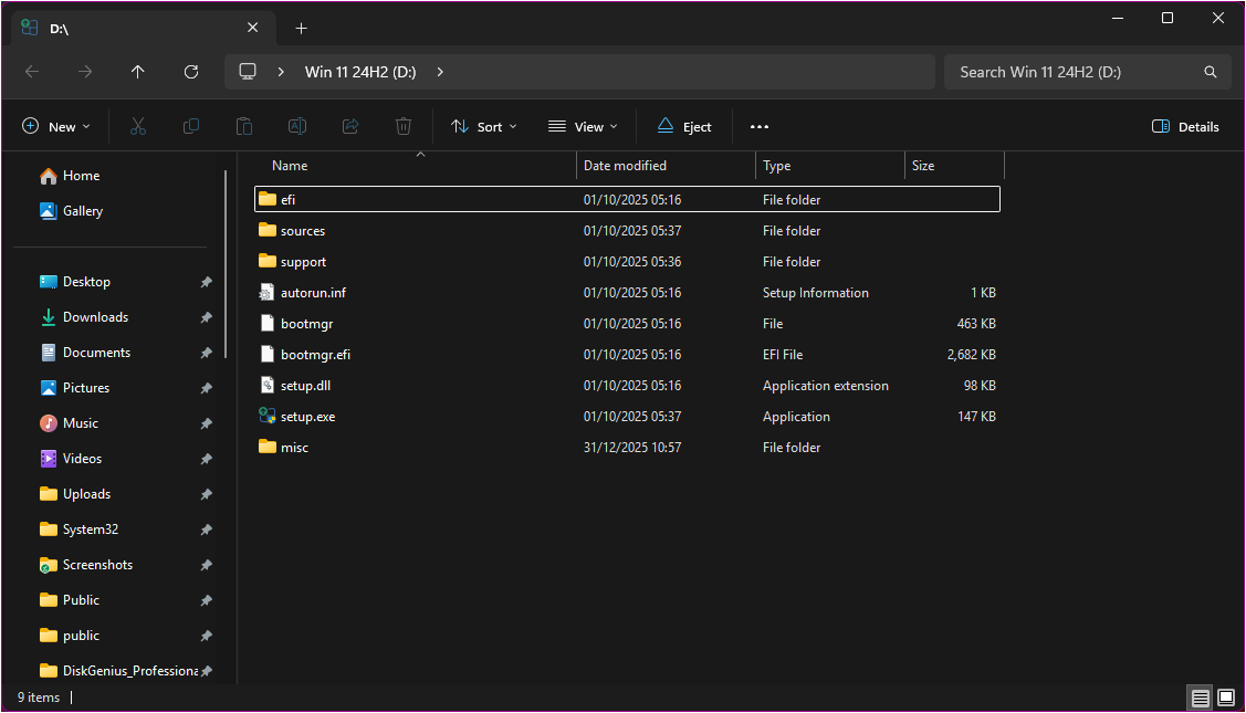 Mounted drive containing Windows setup files File Explorer