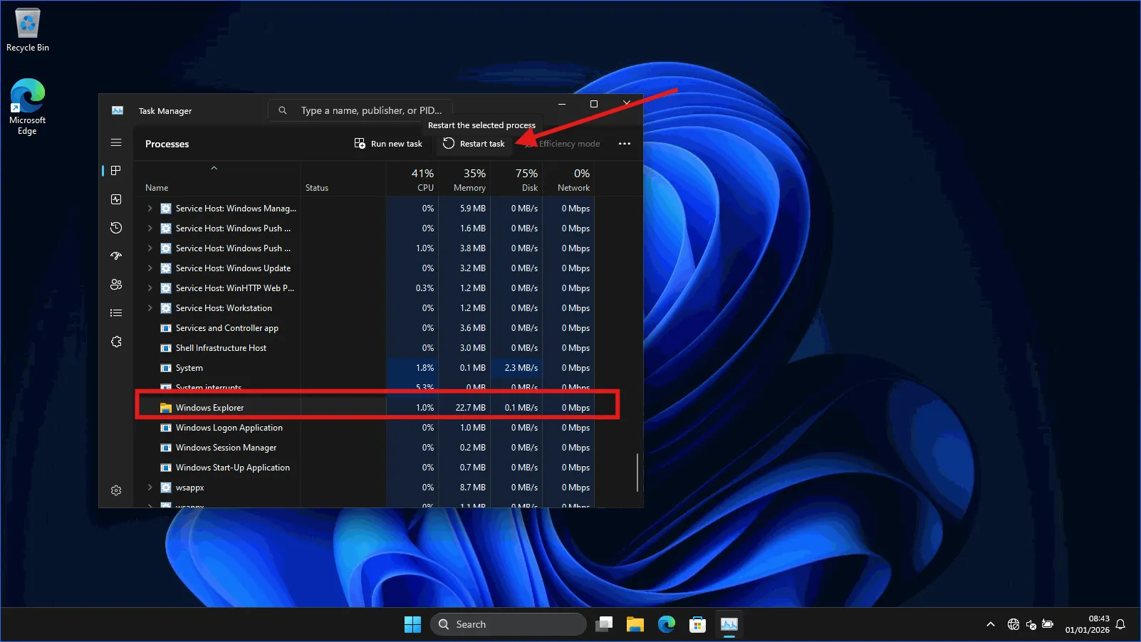 Restarting explorer from task manager Task Manager