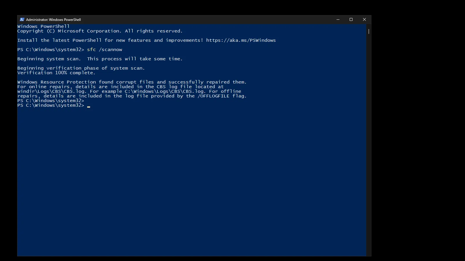 running sfc to repair corrupt system files Powershell