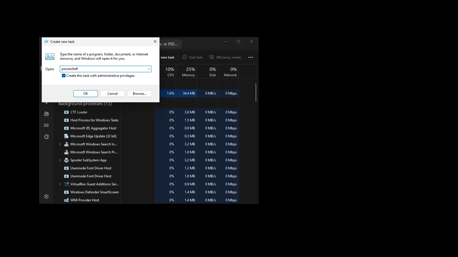 starting powershell from task manager Run new powershell task