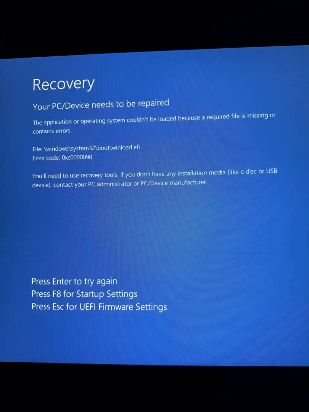 How to Fix Recovery Screen “Your PC/Device Needs to Be Repaired"